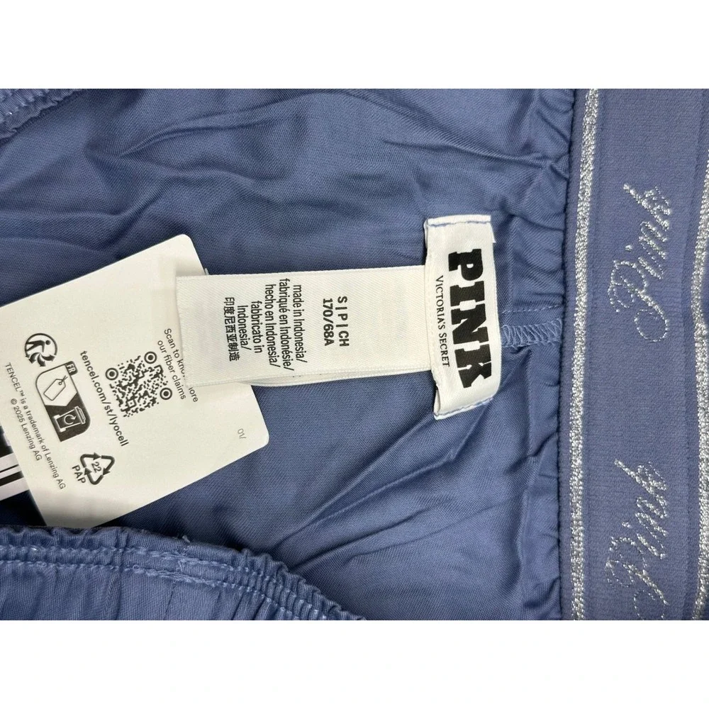 Victoria's Secret PINK Blue Tencel Satin Pajama Shorts Rhinestone Logo Small NEW